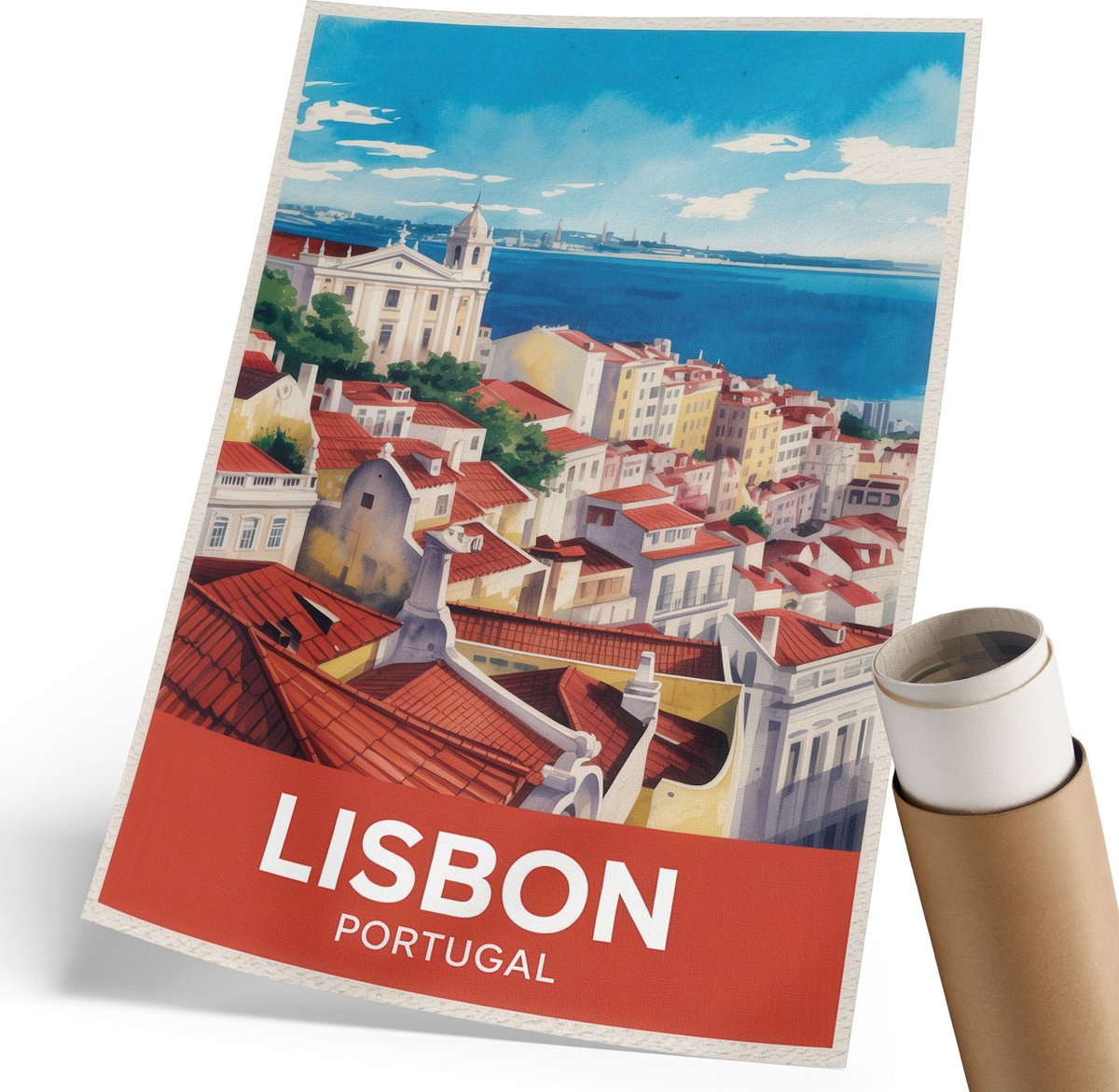 Coloray Polycanvas Poster - Lissabon, Portugal, Illustratie - 210 x 297 mm - Blauw Motief - Rechthoek - Kunstposter - Woonkamer, Slaapkamer, Kantoor - Retro
