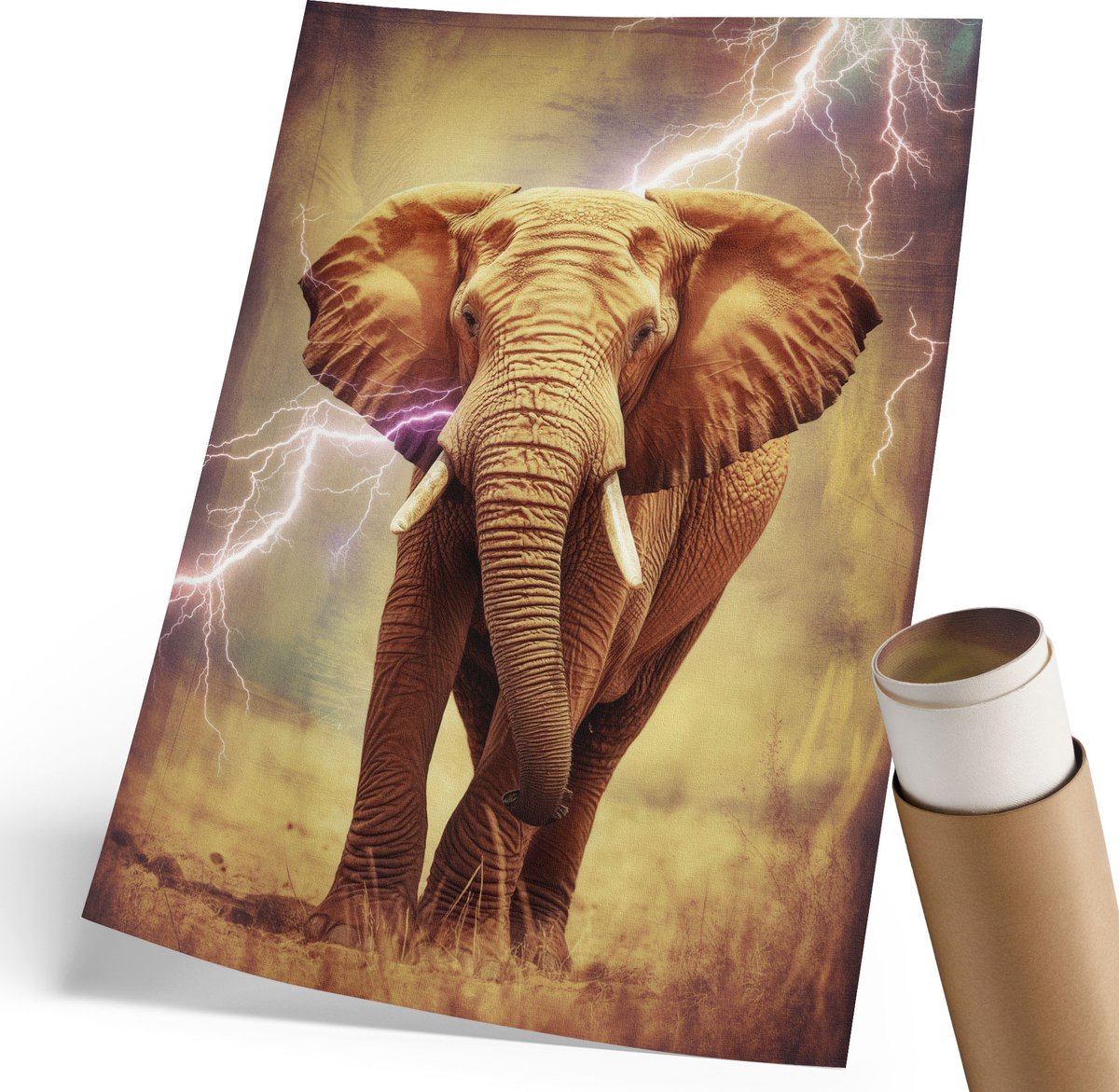Coloray Polycanvas Poster - Olifant Met Bliksem, Fotografie - 210 x 297 mm - Geel Wanddecoratie - Rechthoek - Decoratieve poster - Woonkamer, Slaapkamer, Kantoor - Expressief