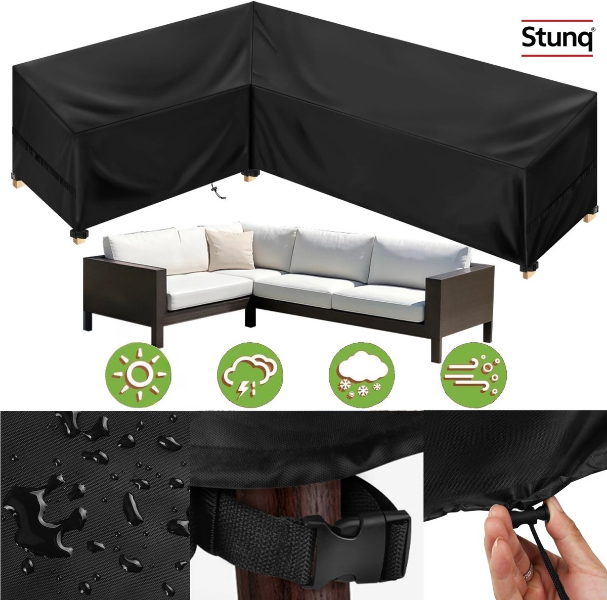 Stunq Waterdichte L-vorm bankhoes 255x255 cm zwart