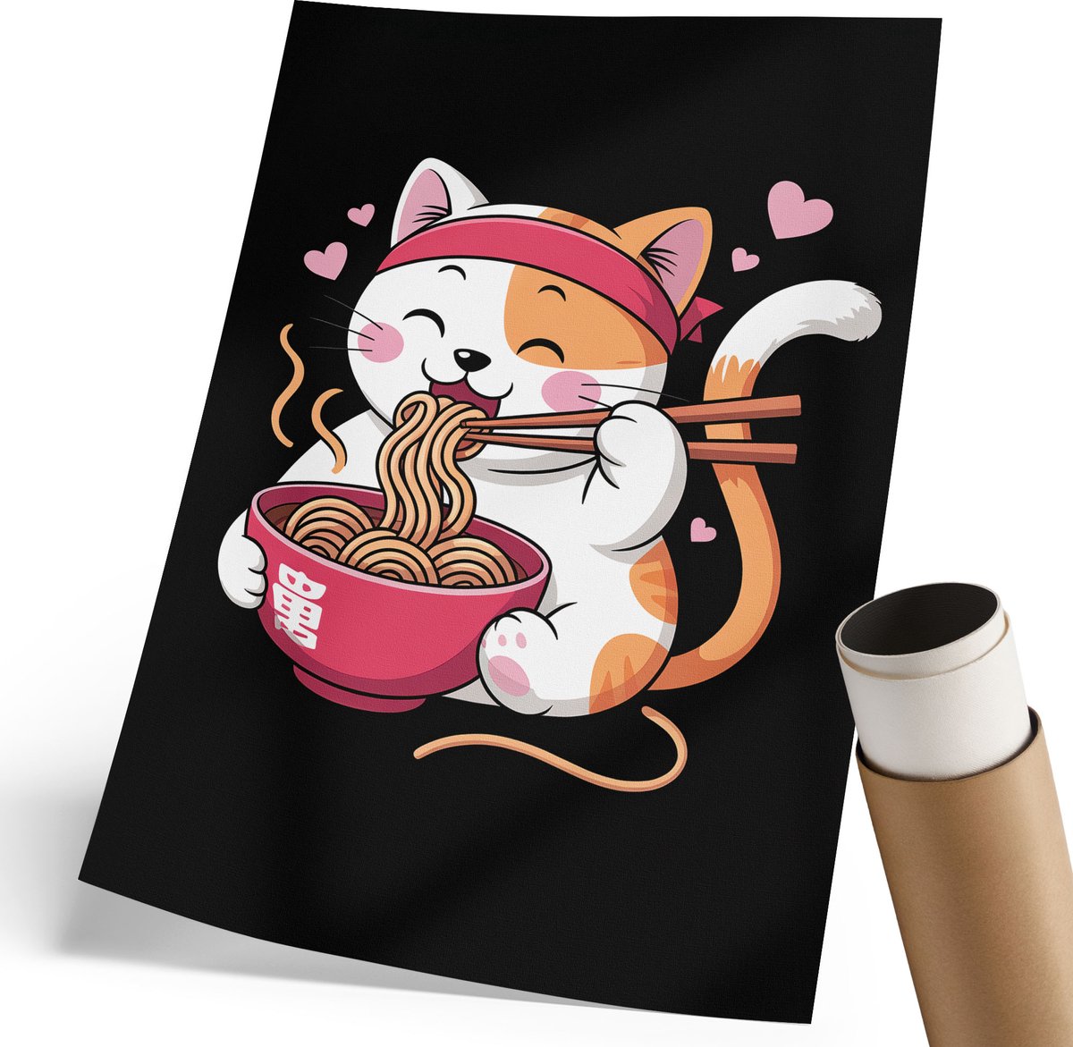 Coloray Polycanvas Poster - Katje Met Pasta, Illustratie - 210 x 297 mm - Zwart Design - Rechthoek - Decoratieve poster - Woonkamer, Slaapkamer, Kantoor - Kinder