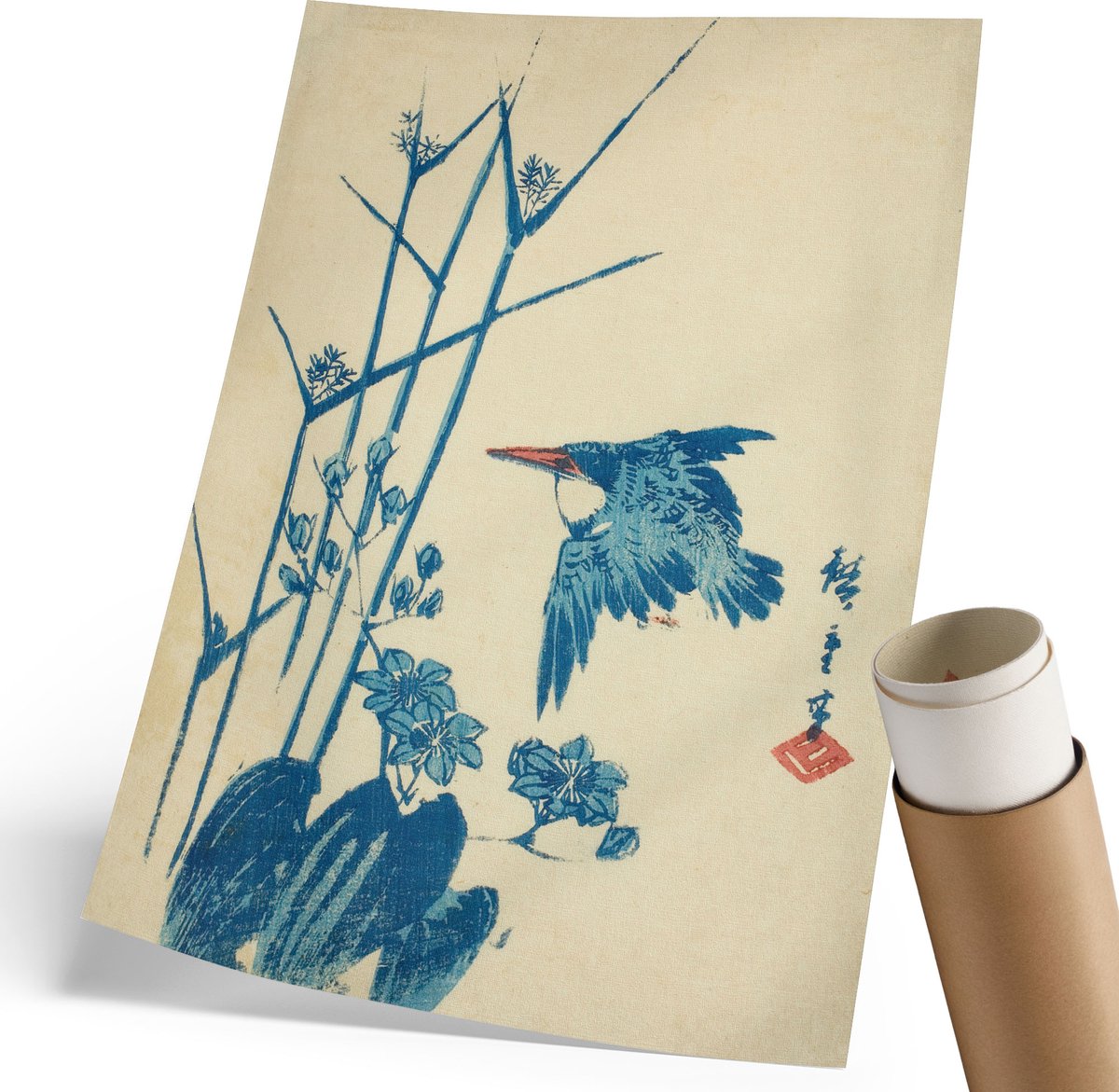 Coloray Polycanvas Wandposter - Ijsvogel En Plant, Schilderen - 210 x 297 mm - Blauw Wandposter - Rechthoek - Muurkunst - Woonkamer, Slaapkamer, Kantoor - Japanse