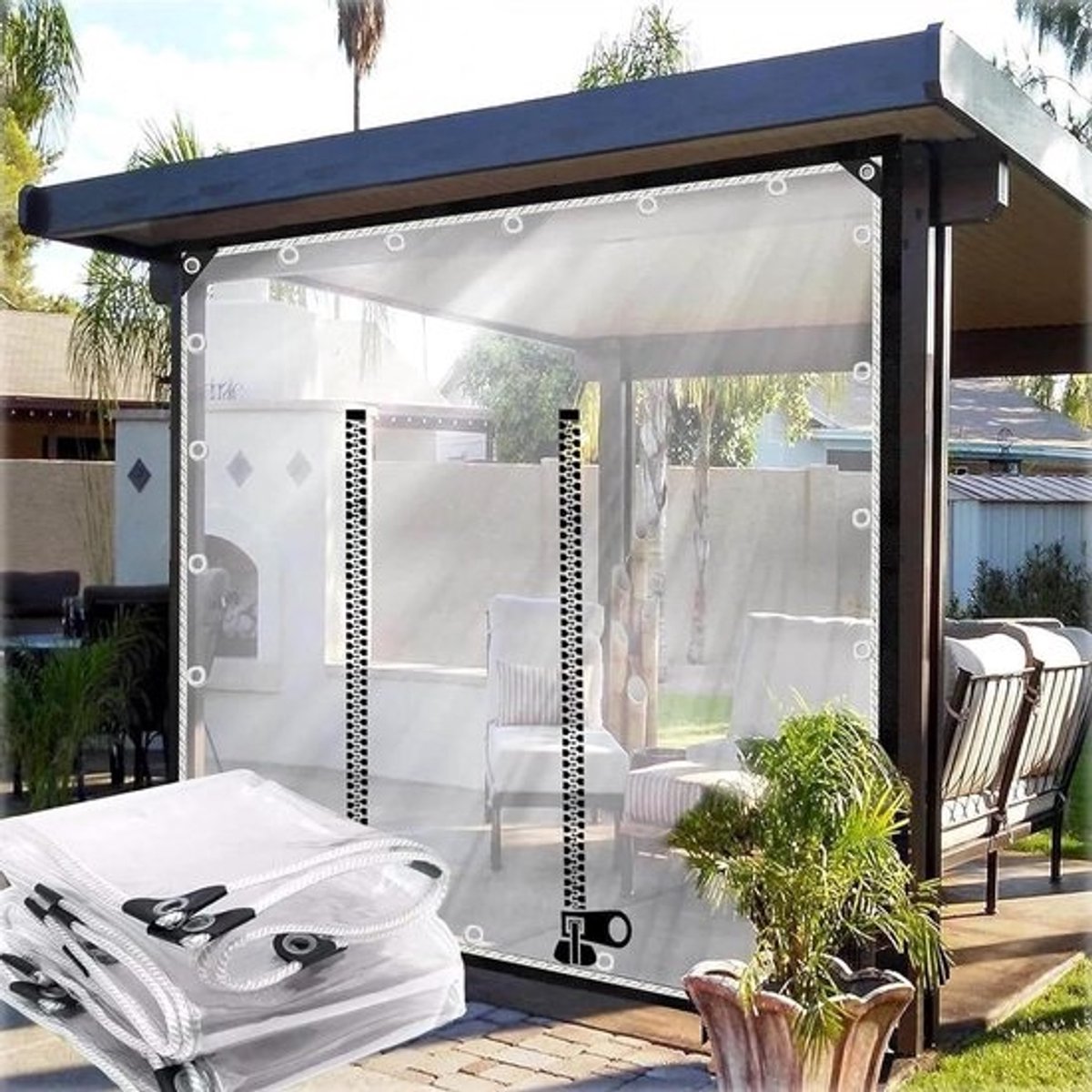 Transparant Zeildoek - Luifel Gordijn - Terras Afschermen - Dubbele Ritssluiting - 2.5x3.3m - Helder