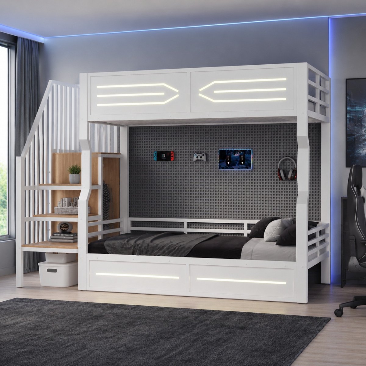 REDOM Stapelbed - LED verlichting - Trap met opbergruimte - Veiligheidshekje - Jeugdkamer - MDF en metaal - Wit - 251.7 x 95.5 x 175 cm