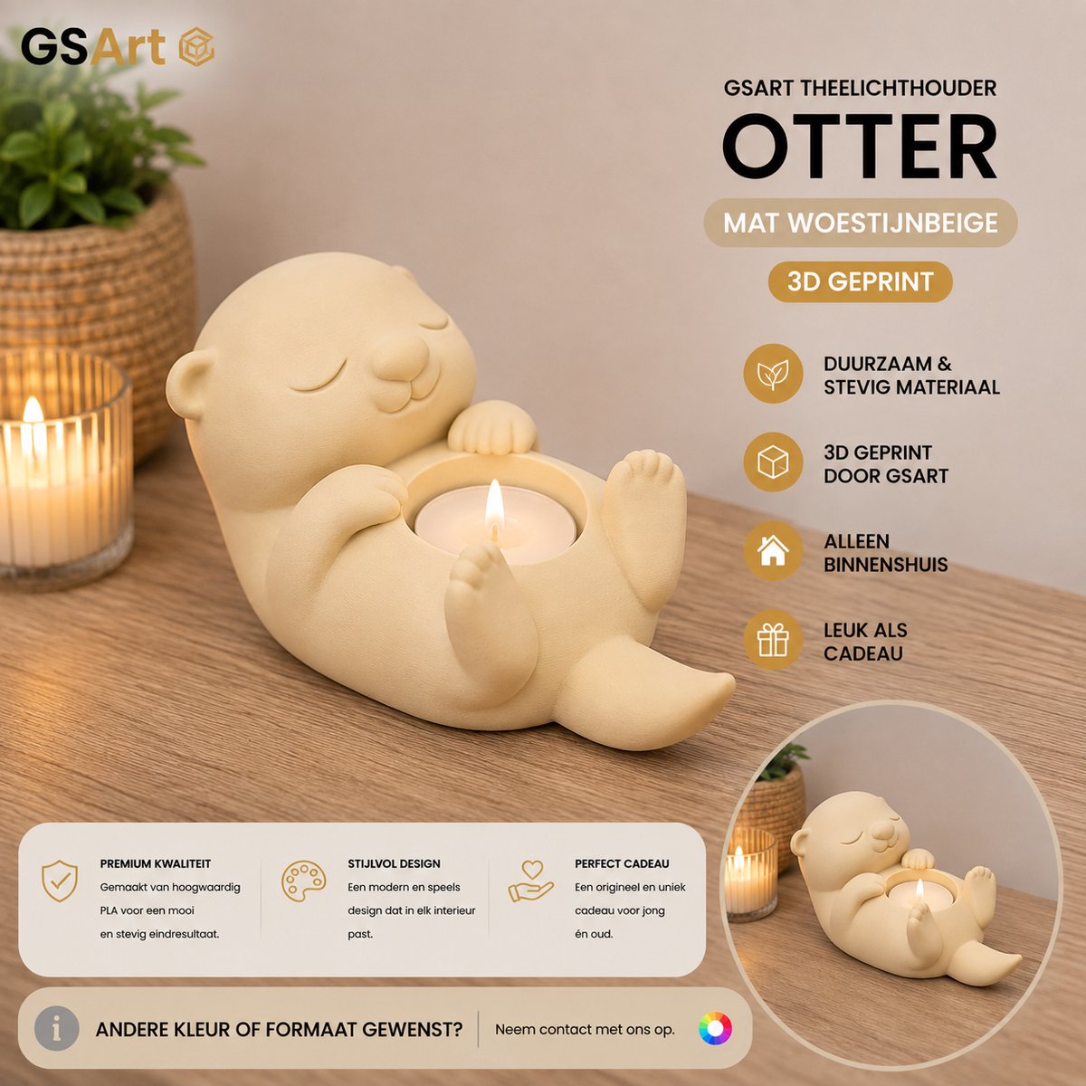GSArt Theelichthouder Otter – Decoratieve Otter met LED Theelichtje – 3D Geprint - Mat Woestijnbeige