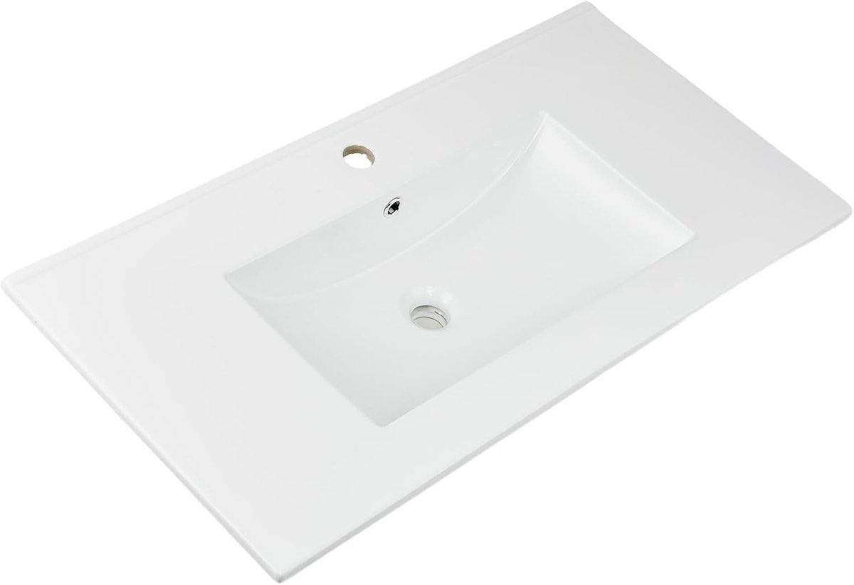 Keramische Wastafel 91 cm - Rechthoekig Inbouwmodel - Wastafelblad voor Badkamermeubel - Met Kraangat en Overloop - Wit Hoogglans - 91x46 cm