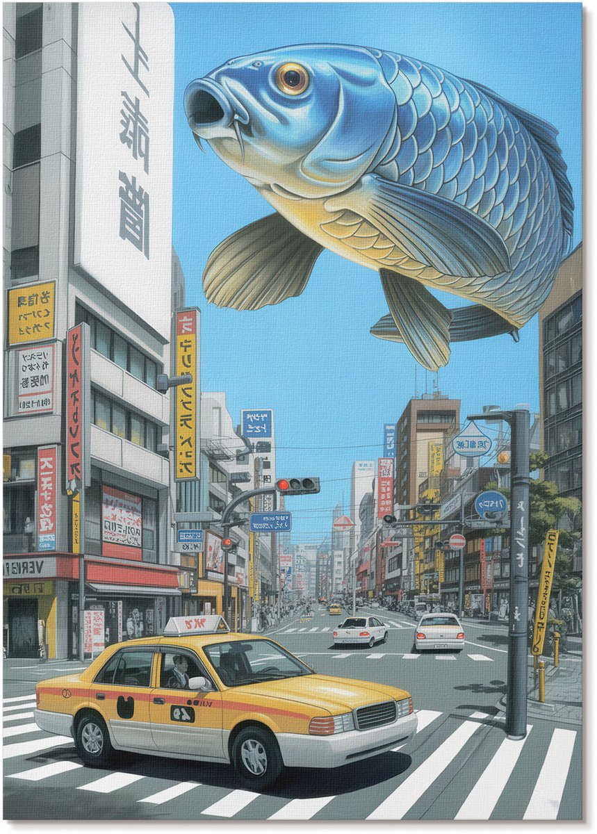 Tulup Polycanvas Wandposter - Vis En De Stad, Illustratie - A4 - Blauw Kunst - Rechthoek - Muurkunst - Woonkamer, Slaapkamer, Kantoor - Popcultuur