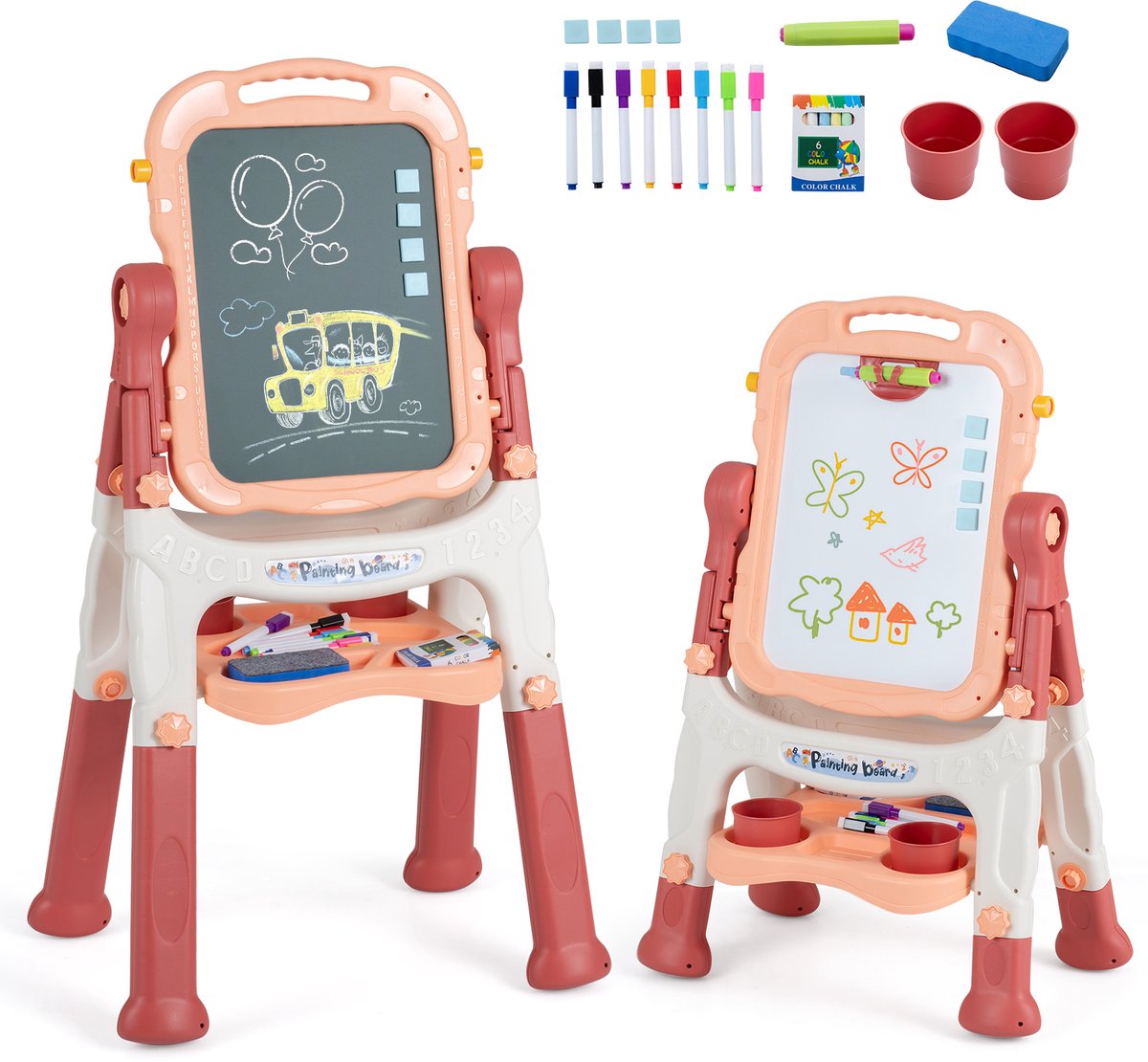 COSTWAY 4-in-1 kinderbord, dubbelzijdige kinderezel (perzikroze)