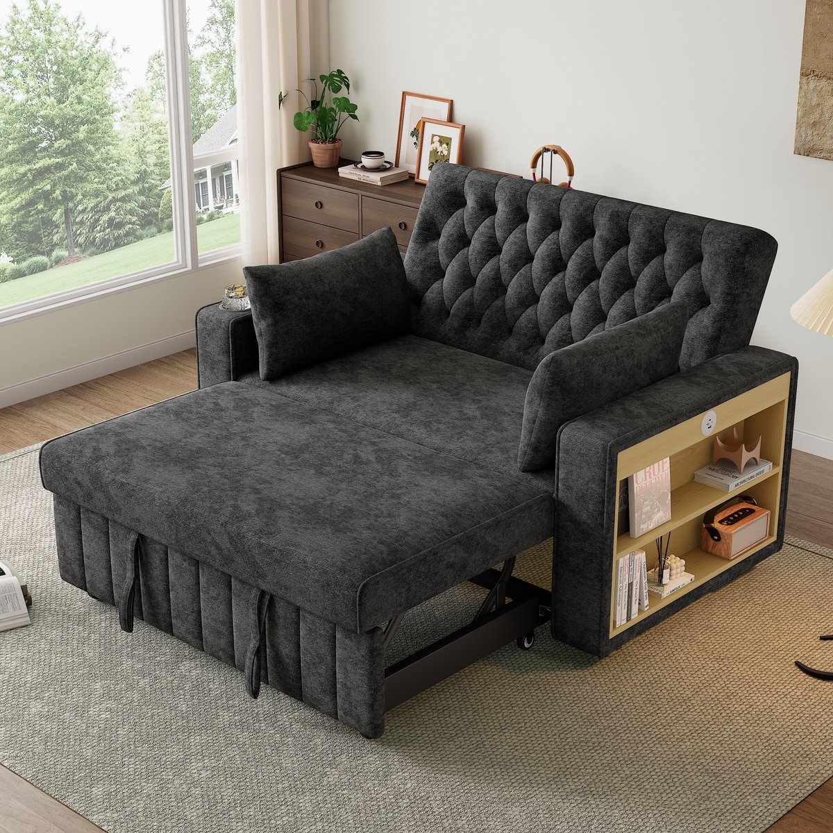 2-zits slaapbank - 140 x 137 x 84 cm - chenille bekleding - met slaapfunctie - met verstelbare rugleuning - met opbergruimte - met USB-aansluiting