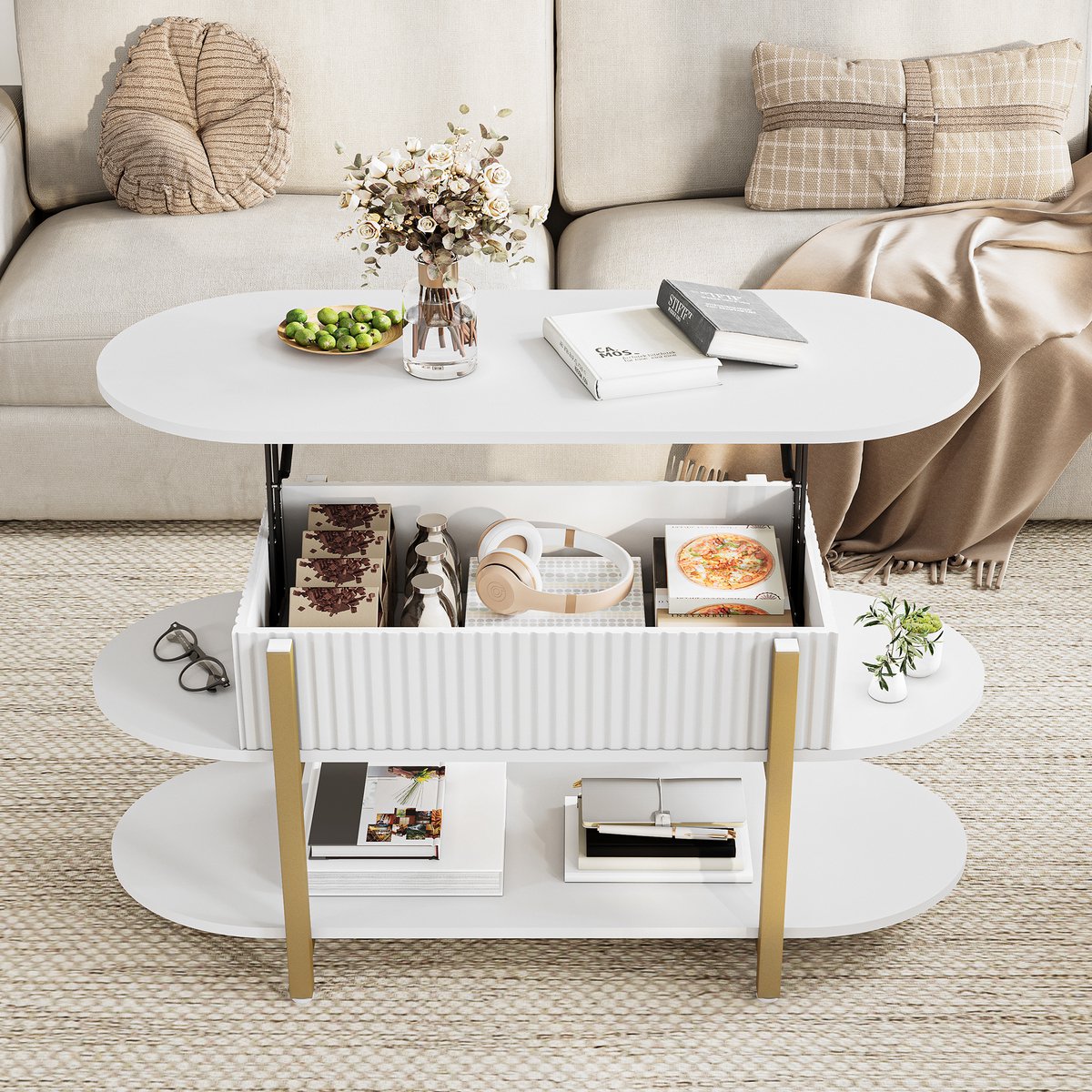 Yelenaro Salontafel Ovaal met Hefmechanisme en Opbergruimte, Moderne Koffietafel met Open Planken, Salontafels voor de woonkamer, wit