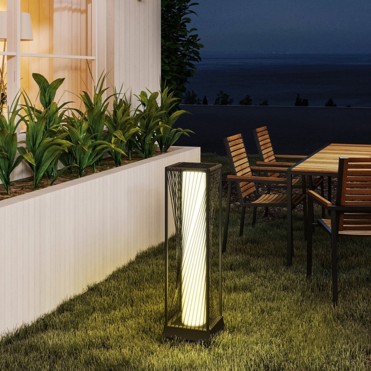 MODFU - Staande Lamp - Zonne-Energie En Sensor - Boho - Voor Buiten - Rotan - Zwart Grijs