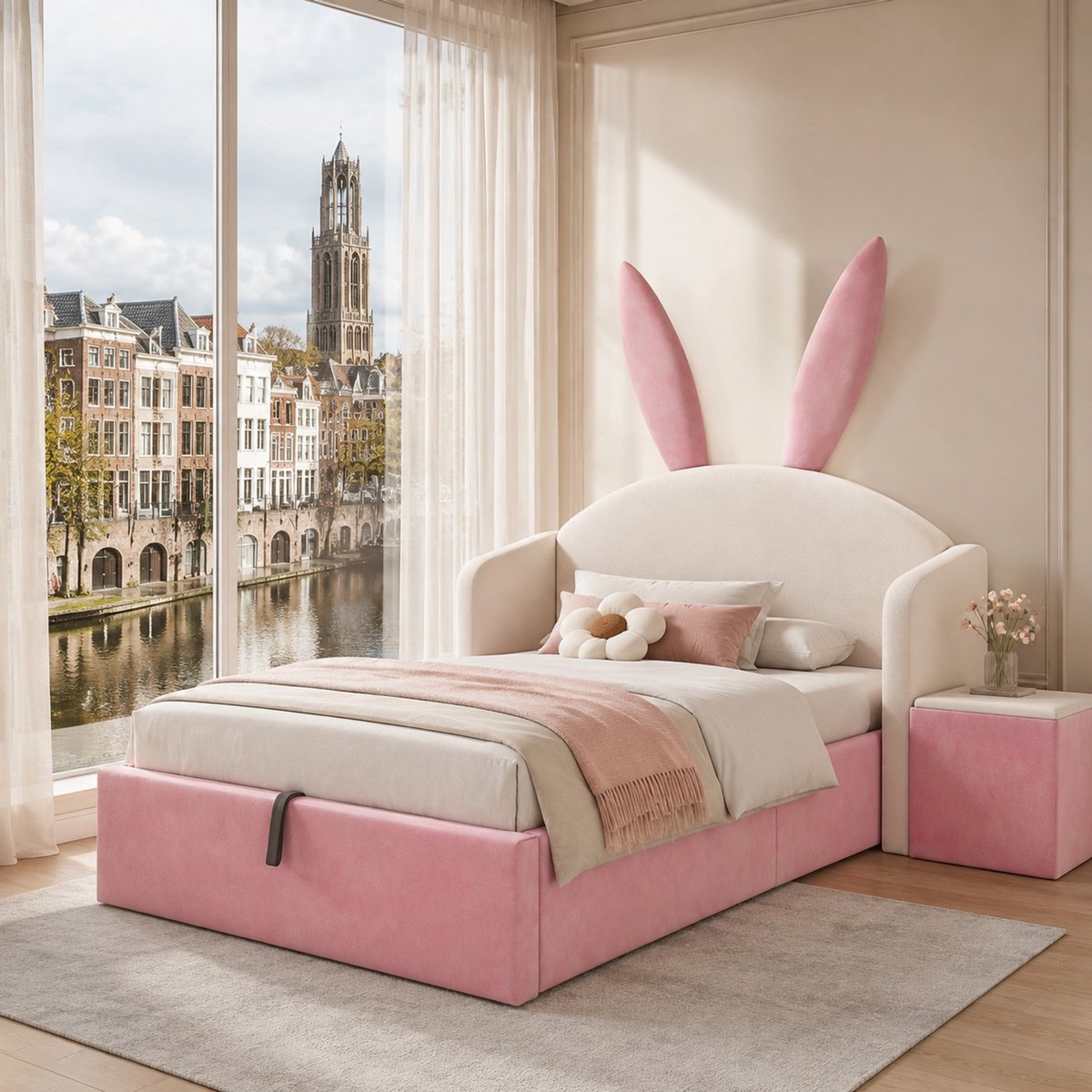 WUVRIE Kinderbed 90x190 cm met zacht hoofdbord, opbergruimte en nachtkastje, beige/roze