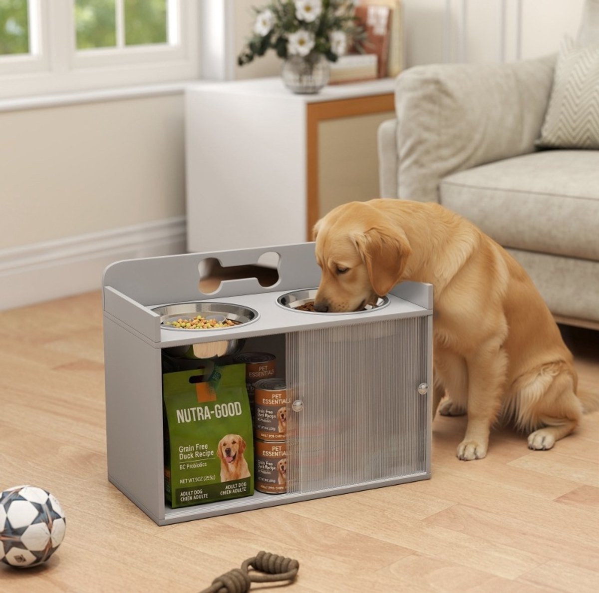 MODFU-Verhoogde Voerbak-Dubbele Voerbak-Opbergkast-Grijs-RVS-Hond