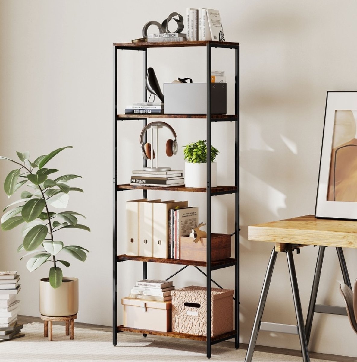 MODFU-Boekenkast-5-Laags-Metaal-Melamine-Industrieel-Rustic Brown-79X35X161 Cm