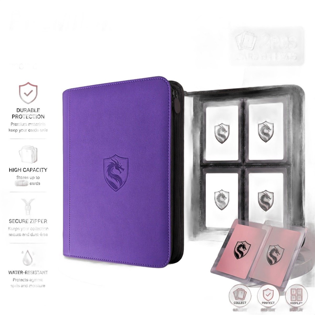 Currero Toploader Binder - Verzamelmap Kaarten - Geschikt voor Pokemon - 4 Pocket - 9 Pocket - 12 Pocket - Trading Card Map - Toploadermap - Paars + 2 Stuks Kaarthoezen
