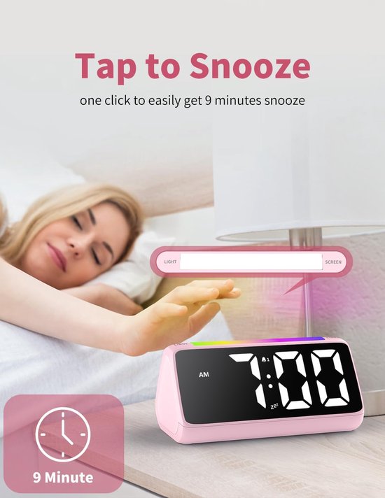 Digitale Wekker - Nachtlamp Klok - Kamer Verlichten - Kleurrijk LED Display - Einheitsgröße - Roze — afbeelding 5