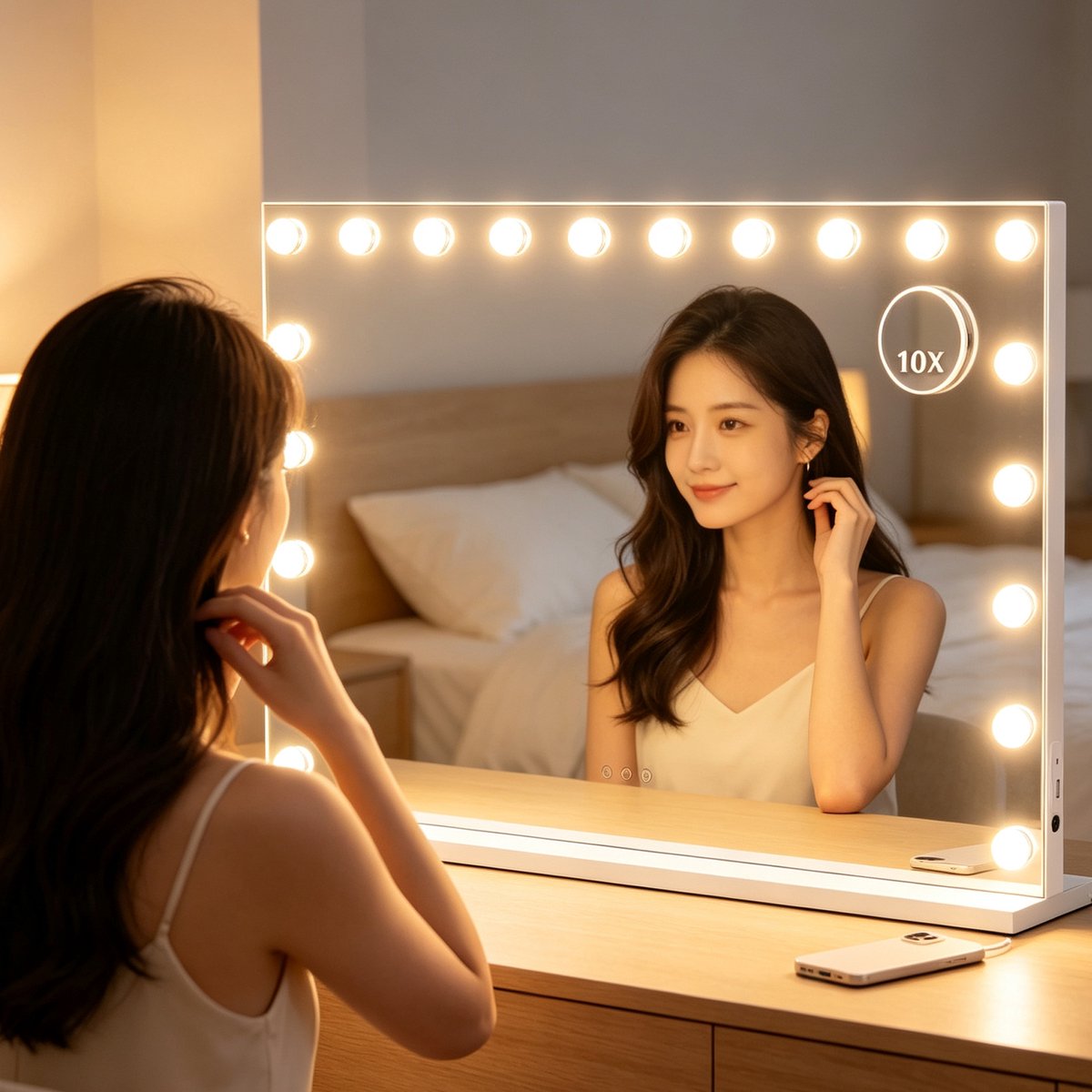 ANTENLICHT Make-up Spiegel met Verlichting - Hollywood Spiegel 90x60CM - USB & USB-C Oplaadporten - 20 LED Lampen - 10x vergroting - 3 Lichtstanden - Dimbaar - Smart Touch - Make Up Spiegel - Wit
