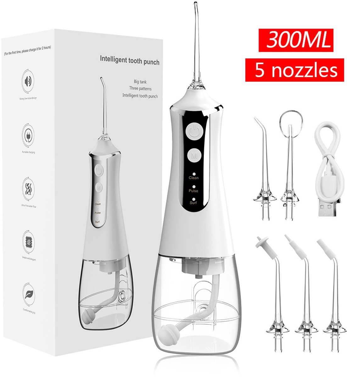 casalora - Waterflosser - Elektrische mondflosser van 300 ml - Monddouche - Flos - Flosser - Waterflosser draadloos - Tanden & Beugels reinigen - Geschikt voor op reis en thuisgebruik - Wit