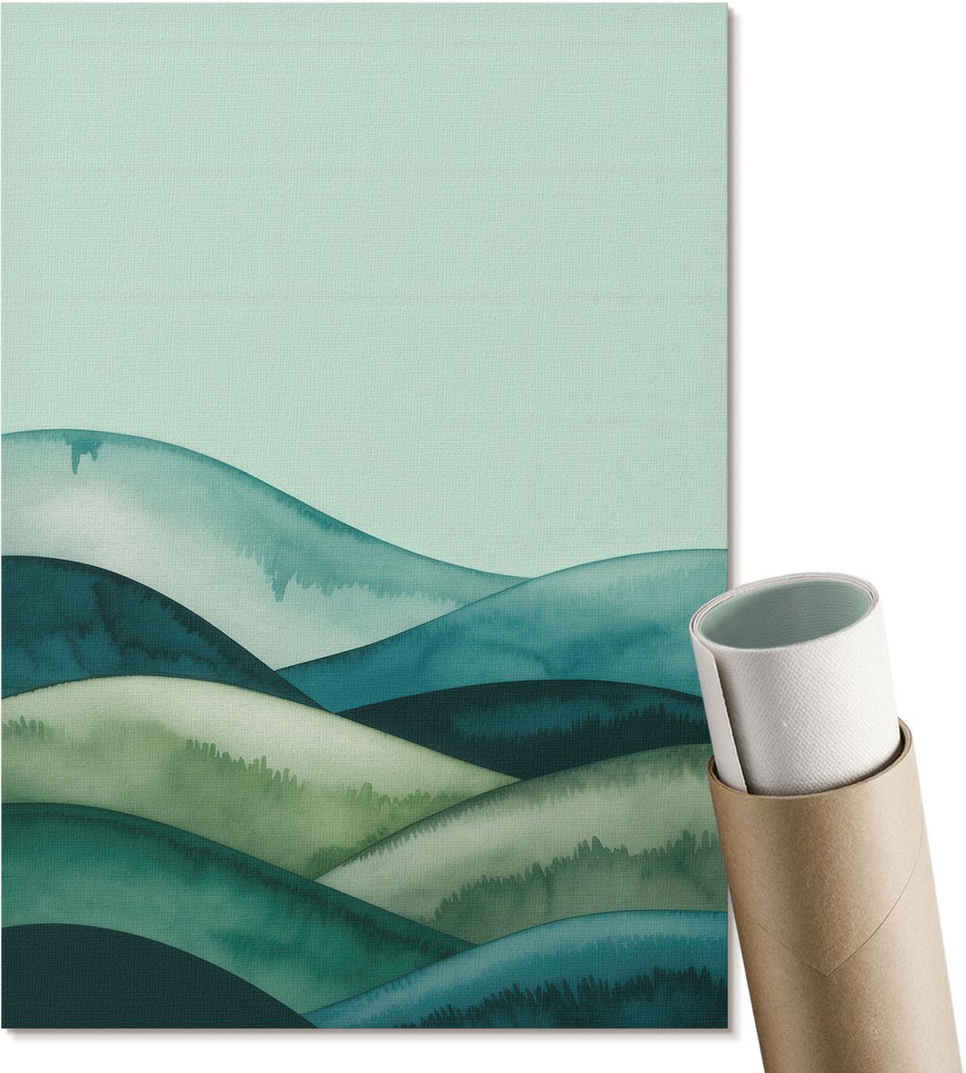 Coloray Polycanvas Wandposter - Groene Heuvels, Waterverf - A4 - Groen Poster - Rechthoek - Muurkunst - Woonkamer, Slaapkamer, Kantoor - Rustiek