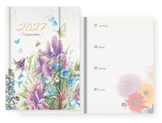 Agenda 2027 met Marjolein Bastin's bloemen en vlinders, met magneetsluiting. Binnenkant met dagen van de week en bloemen.