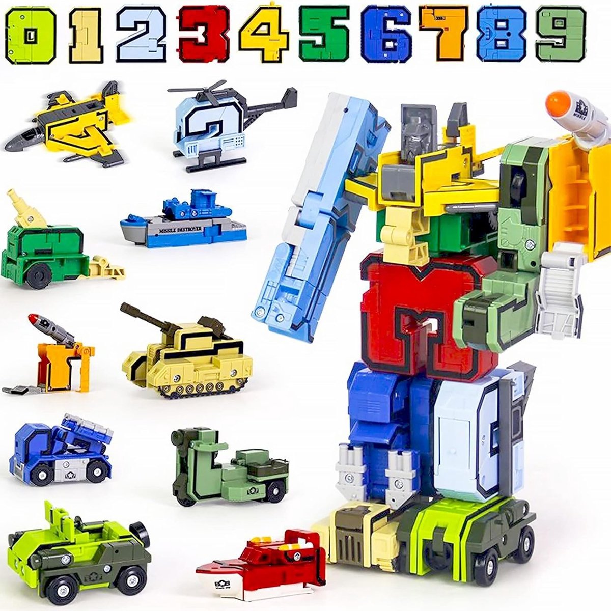 10-delige set cijferrobots: transformeerbare bouwblokken, creatief bouwspeelgoed en educatieve actiefiguren (cijfers die veranderen in vliegtuigen, schepen en auto's) – een leuk cadeau voor kinderen.