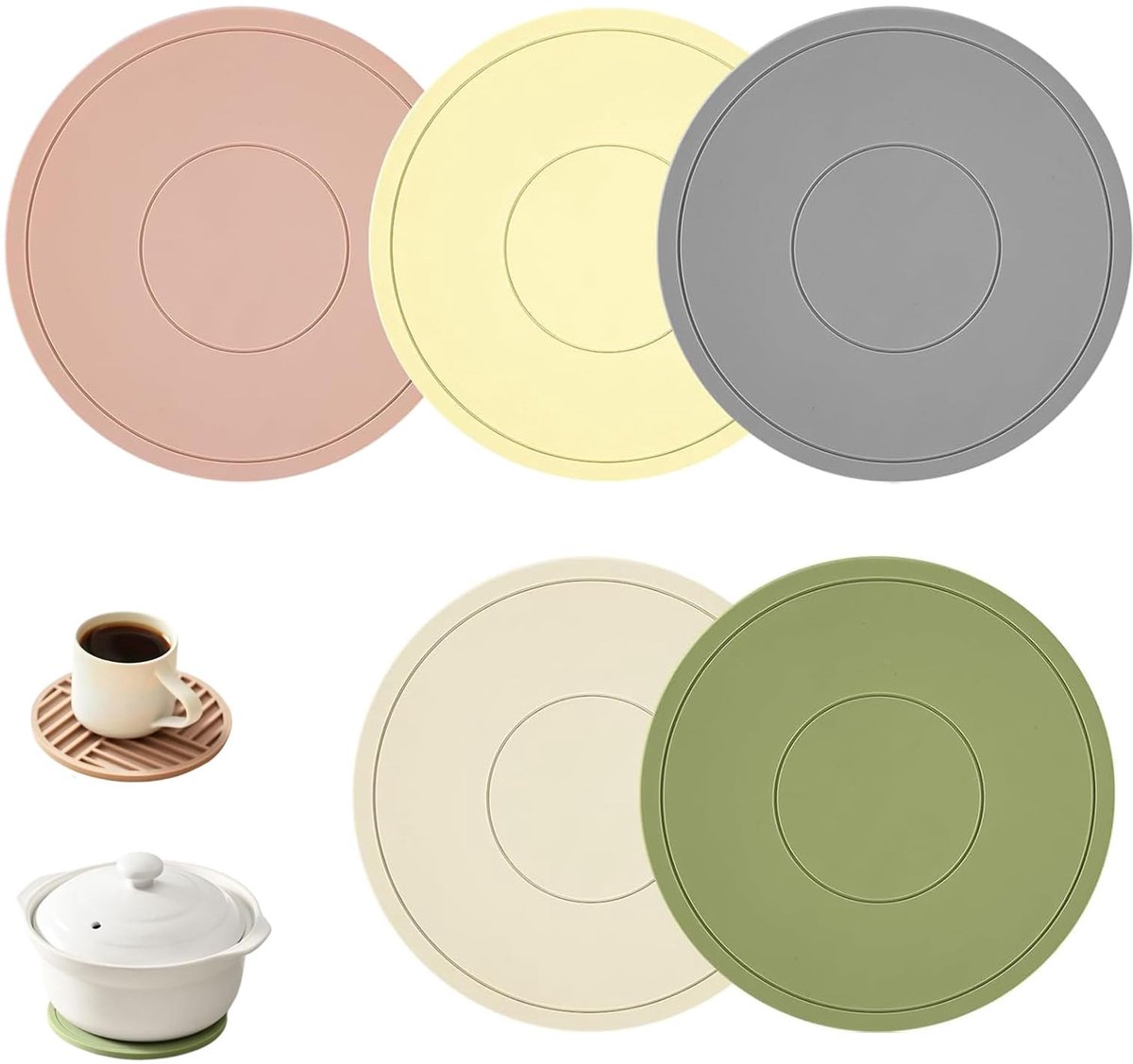 Onderzetters - Set van 5 ronde siliconen onderzetters van 16 cm, hittebestendig en antislip, voor pannen en aanrechtbladen