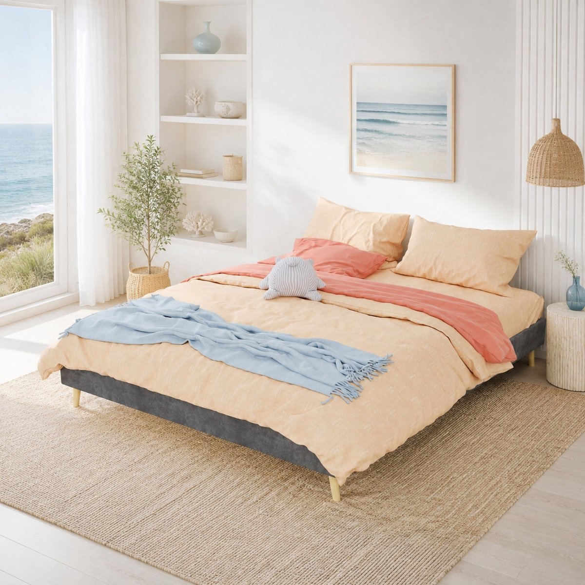 WUVRIE Bedframe 160x200 cm met lattenbodem, lage stoffen bedombouw zonder hoofdbord, grijs