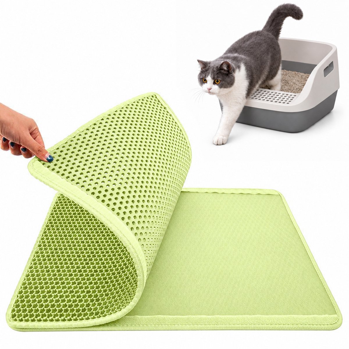 Kattenbakmat – Waterdicht – Dubbele Laag met Honingraatstructuur & Afneembare Klittenbandsluiting – Schoonloopmat voor Alle Kattenbakken & Strooiselsoorten – Wasbaar – Voor Katteneigenaren –Groen – 45 × 60 cm – 1 Stuk