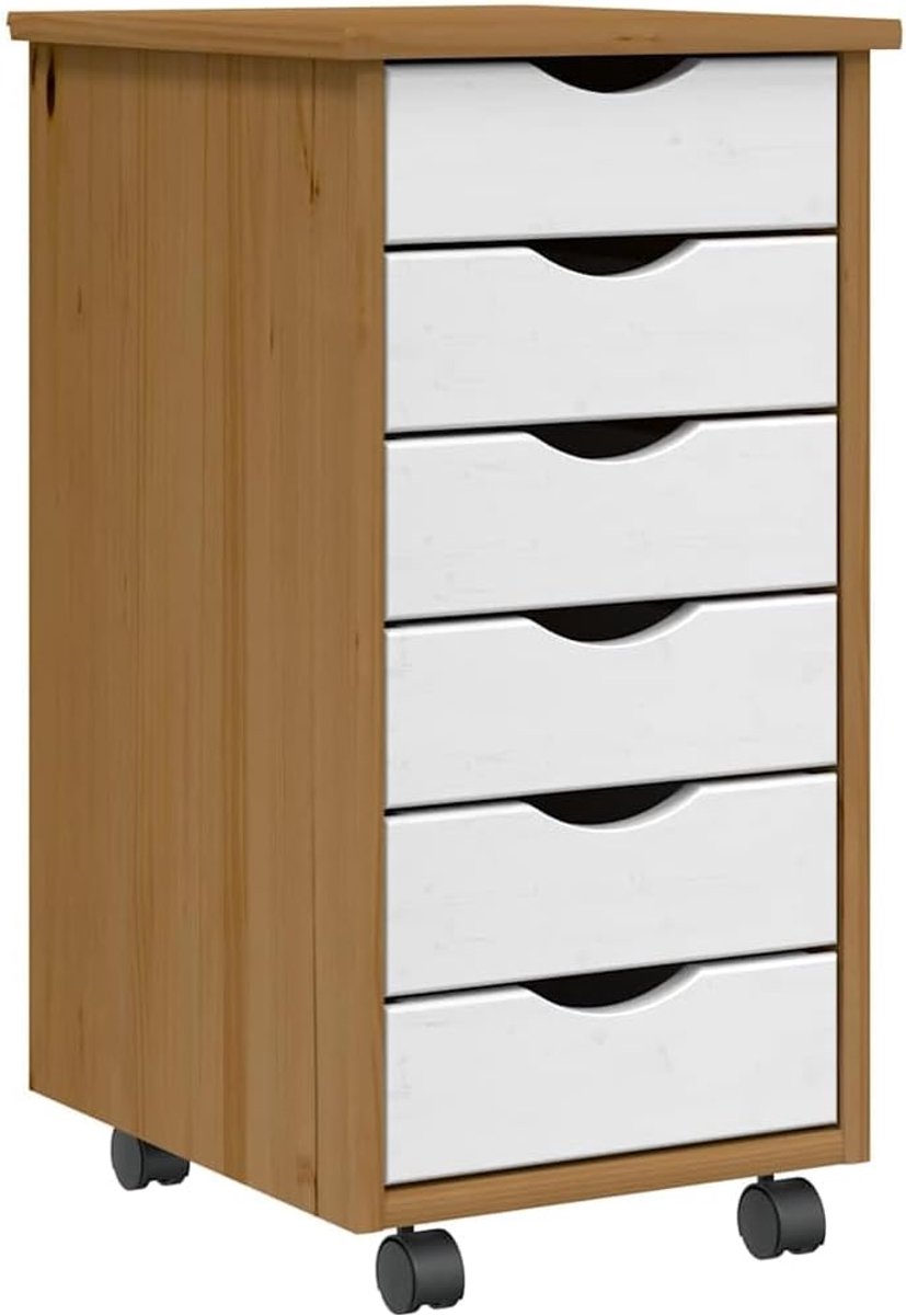 Rolkast met 6 laden, commode van grenenhout, rolcontainer voor kantoor en woonkamer, lade-element voor orde, honingbruin wit, 34 x 39 x 65,5 cm