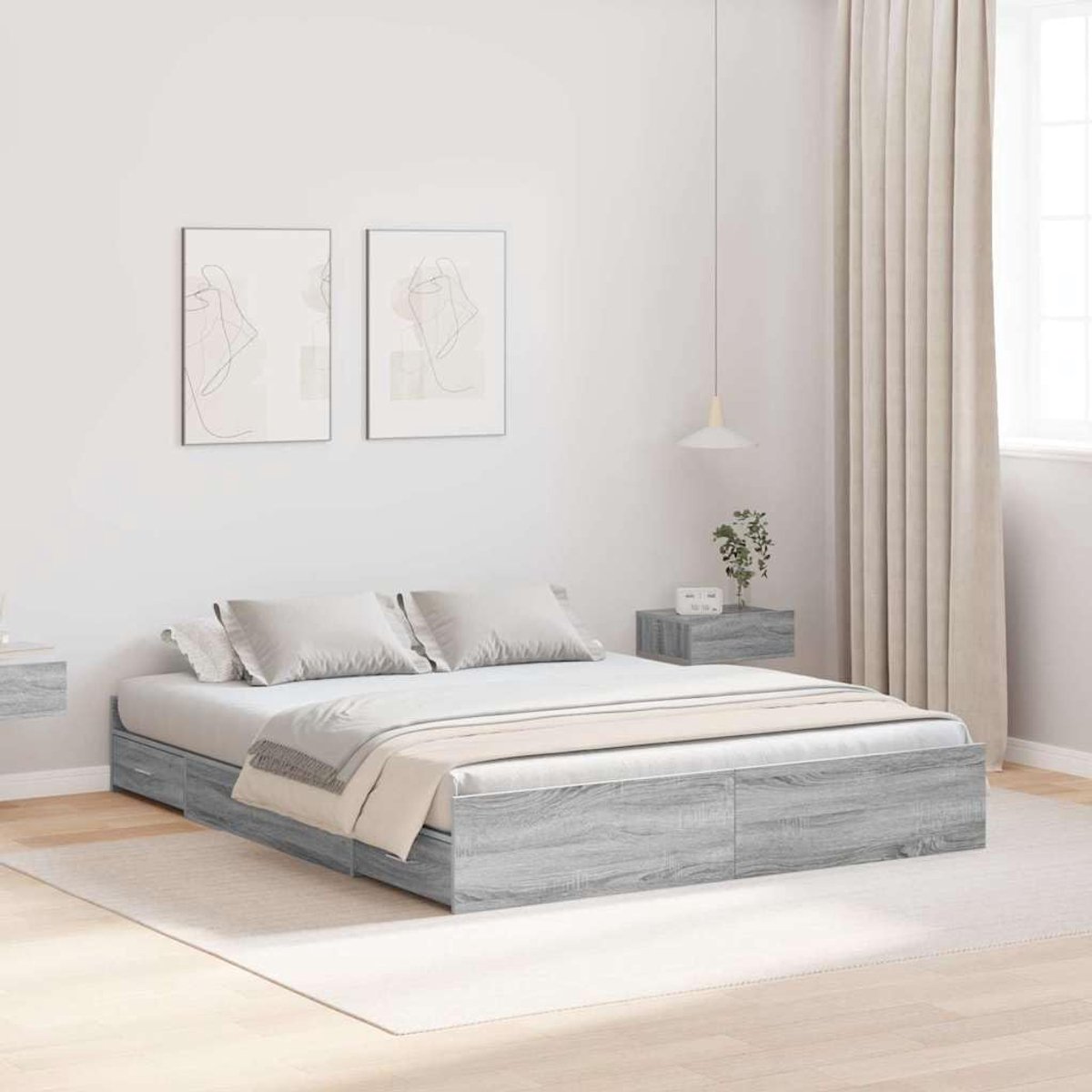 Grenenhout opbergbedframe modern 140 x 190 cm grijs