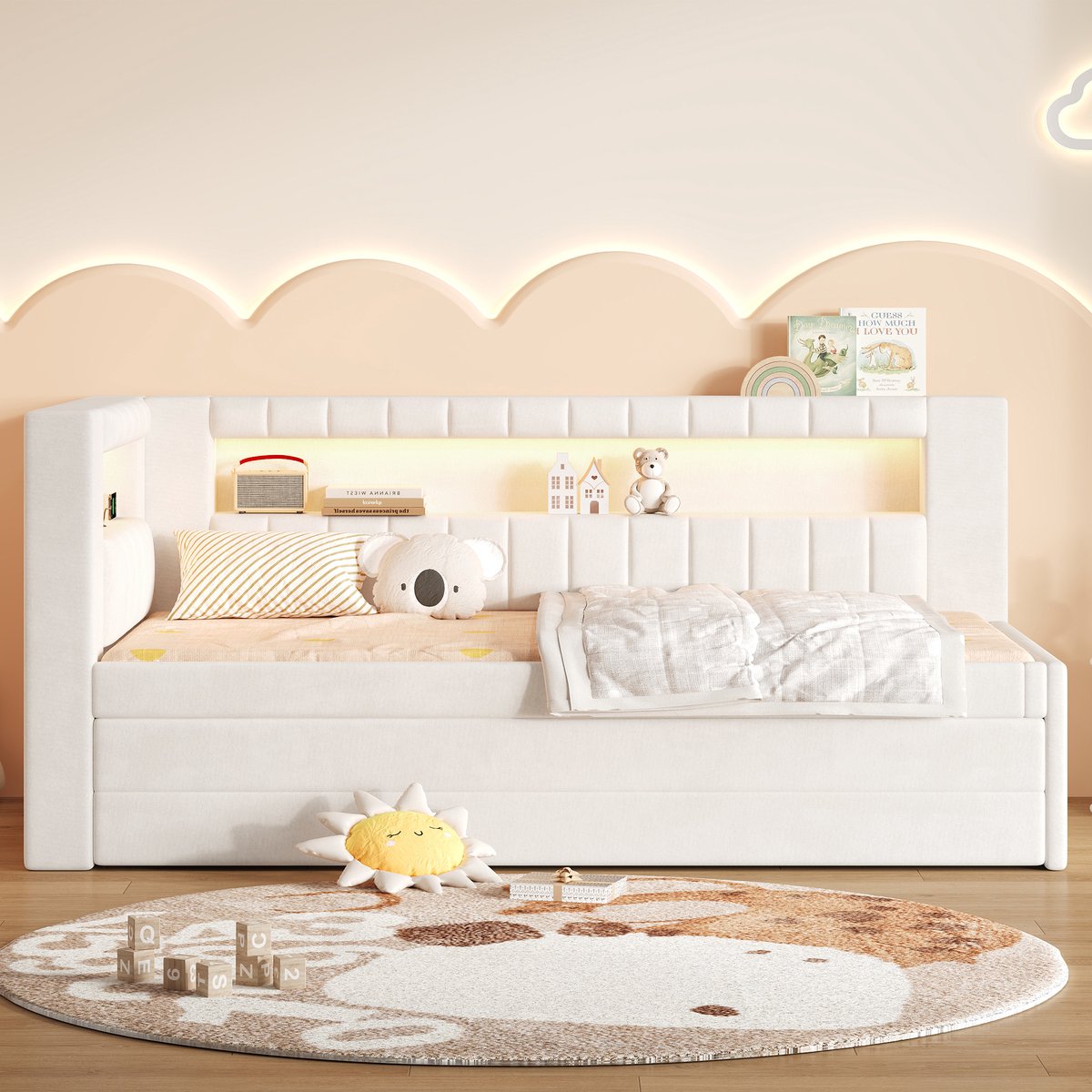 DESMIU Bed 90x200cm – Gestoffeerd Dagbed met LED en USB – Uitschuifbed en Drie Lades – Voor Slaapkamer – MDF en Stof – Wit – Zonder Matras