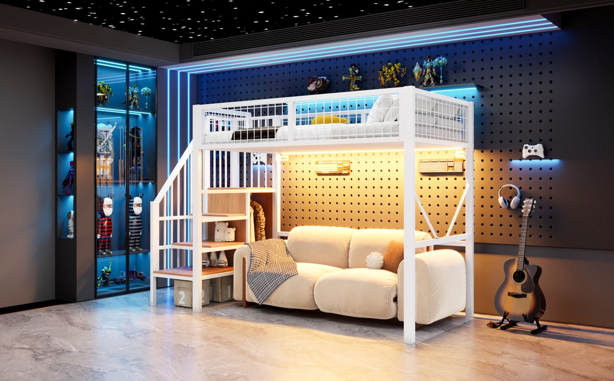 OKWISH Hoogslaper 90 x 200 cm - Met Ledverlichting En Opbergladder - Met Veiligheidshek - Zonder Matras - Voor Kinderkamer - Metaal - Wit