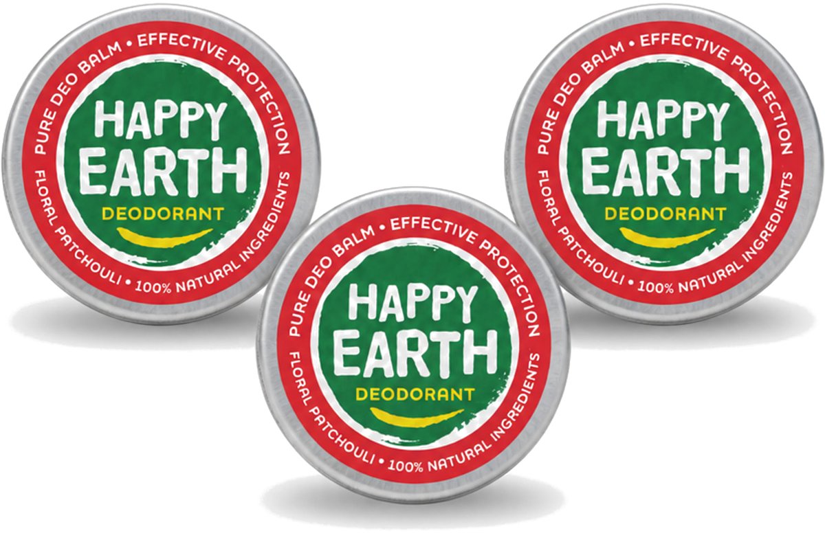 3 x Happy Earth – Deodorant Balm – 100% Natuurlijk Floral Patchouli – 45 g - Voordeelverpakking - 3 stuks