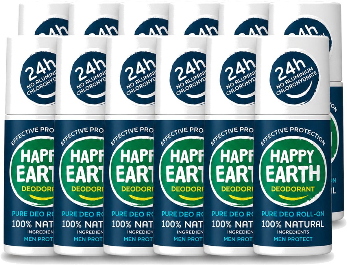 12 x Happy Earth – Deodorant Roll-On – 100% Natuurlijk Men Protect – 75 ml - Voordeelverpakking - 12 stuks