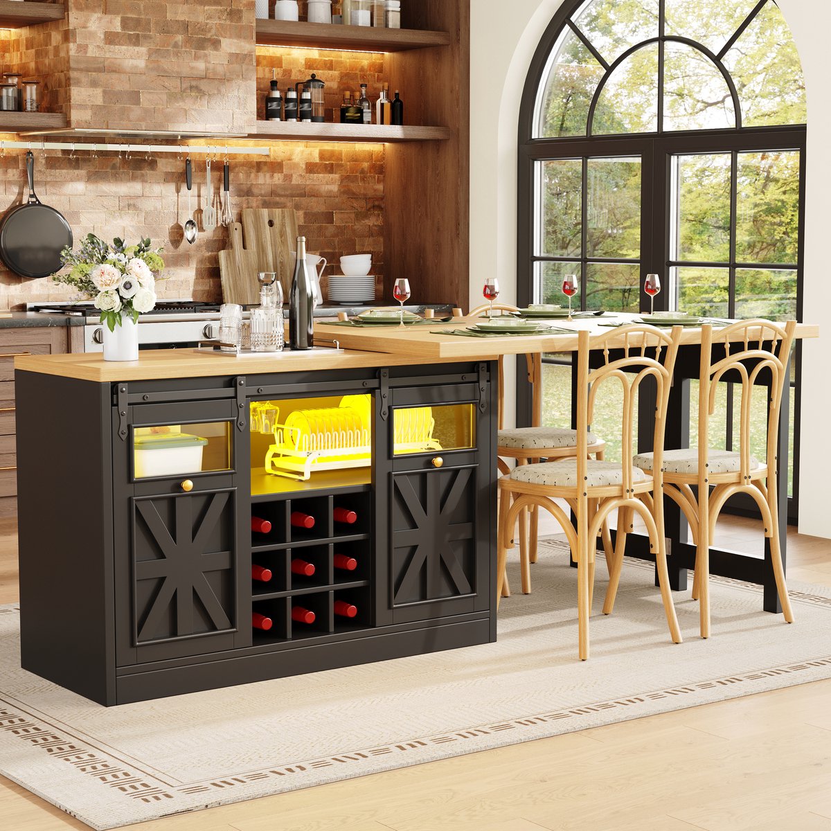 MIVRAY Eettafel - Uitschuifbaar Keukeneiland Met Draaibare Bladen En Verlichting - Voor Eethoek - MDF Zwart - 120 Tot 197 x 40 x 72 Cm