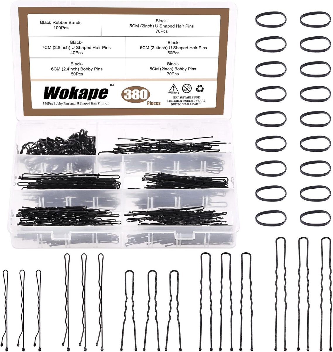 380Pcs 2 Inch Black Bobby Pins and 2.4 Inch U-shaped Hairpins with Black Rubber Bands Soft Elastic Bands Assortment - ShopVlot