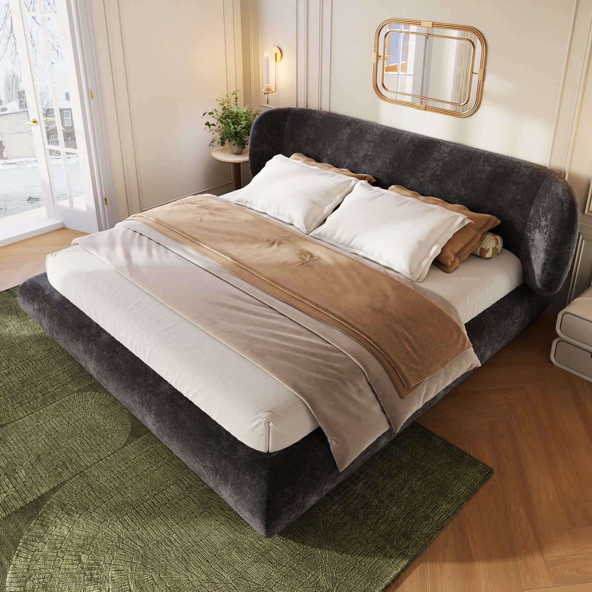 OKWISH Gestoffeerd Bed 160 x 200 cm - Tweepersoonsbed Met Lattenbodem en Hoofdbord - Zonder Matras - Zachte Chenille - Grijs