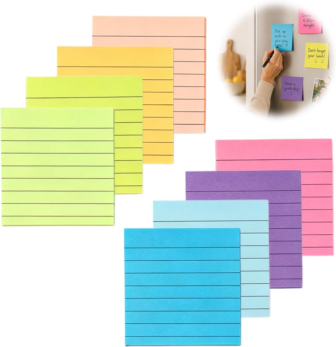 16 stuks gelinieerde zelfklevende notities, 7,6 x 7,6 cm, verschillende kleuren, verwijderbare zelfklevende blokken - ShopVlot
