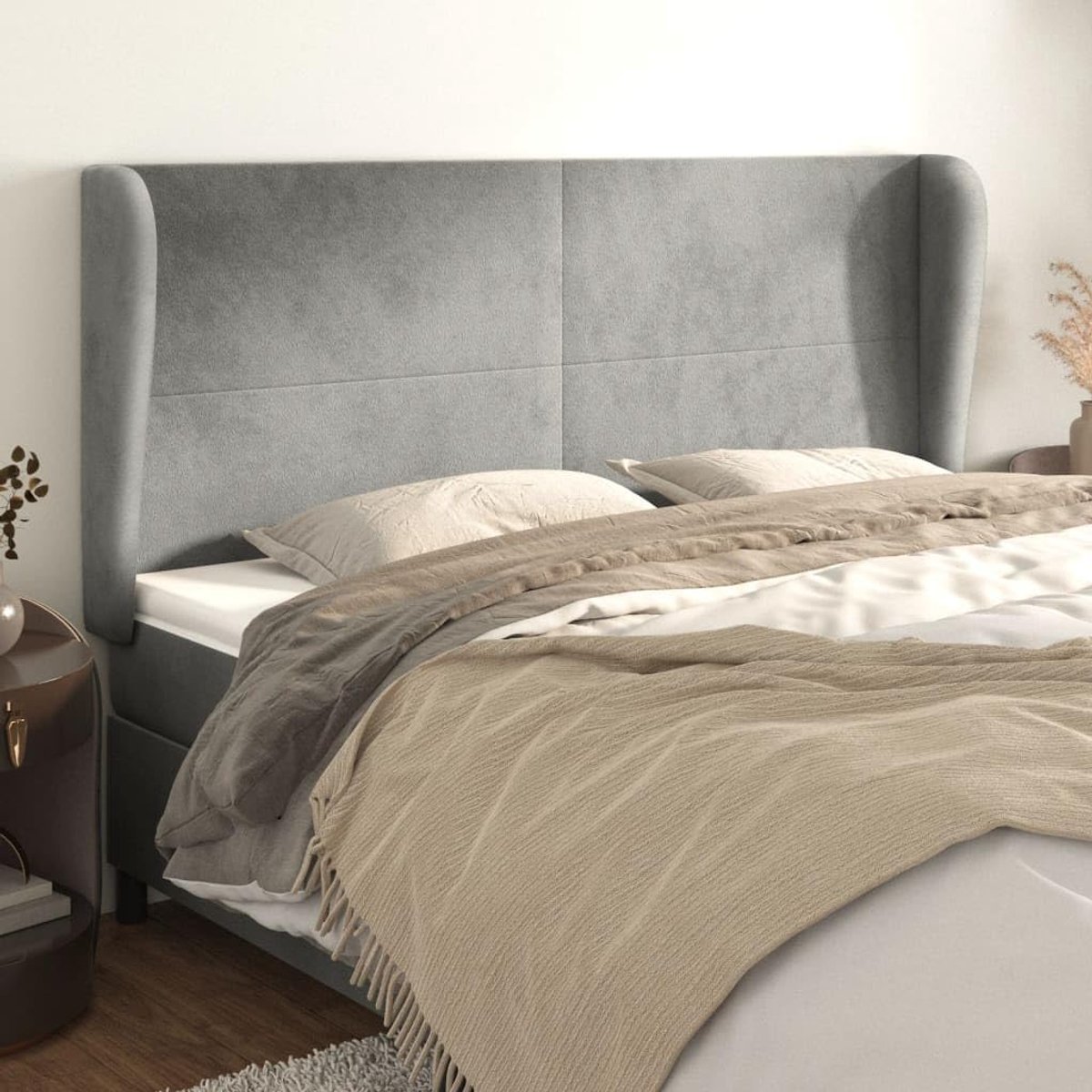 Hoofdsteun oor lichtgrijs fluweel 203 x 23 x 118 / 128 cm, verstelbare hoofdsteun bed met houten poten, hoofdeinde oor voor slaapkamer