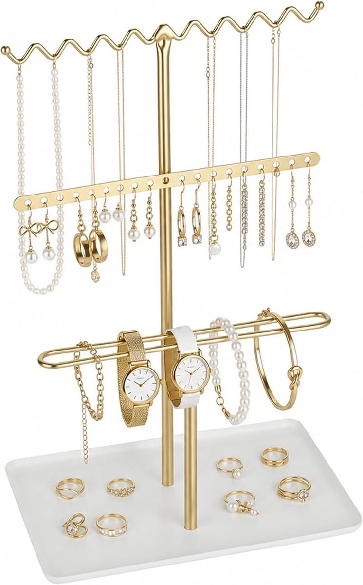 Drie-laags metalen juwelenkapstok met antislipbodem, perfect voor het opbergen van sieraden zoals kettingen, armbanden en ringen in de slaapkamer.