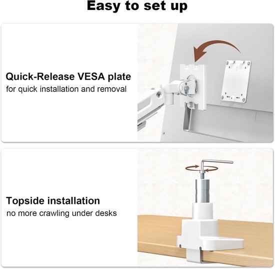 Zware Dubbele Monitorarm voor 17-49" Schermen - Verticaal Gestapelde Monitorsteun voor Ultrawide Displays tot 20kg, Aluminium, Volledige Beweging, VESA 75/100mm, Wit en Ergonomisch Ontwerp — afbeelding 4