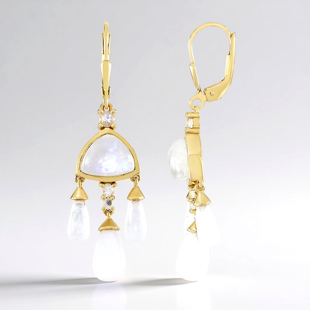 Cavill - Elegante Oorbellen 925 Sterling Zilver Verguld - Blauwe Indiase Maansteen 16,25 ct - Trilliant & Briolette Cabochon