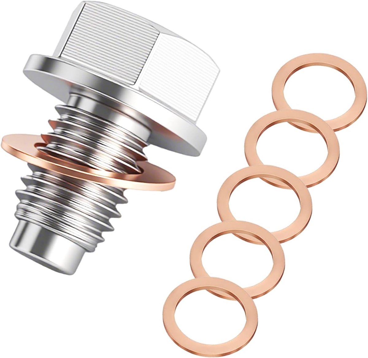M12x1.25 Oliedrainplug met Magnetische Afsluiter, RVS Lekvrije Olieplug met 5 Koperen Drukringetjes voor Motorolie Vervanging