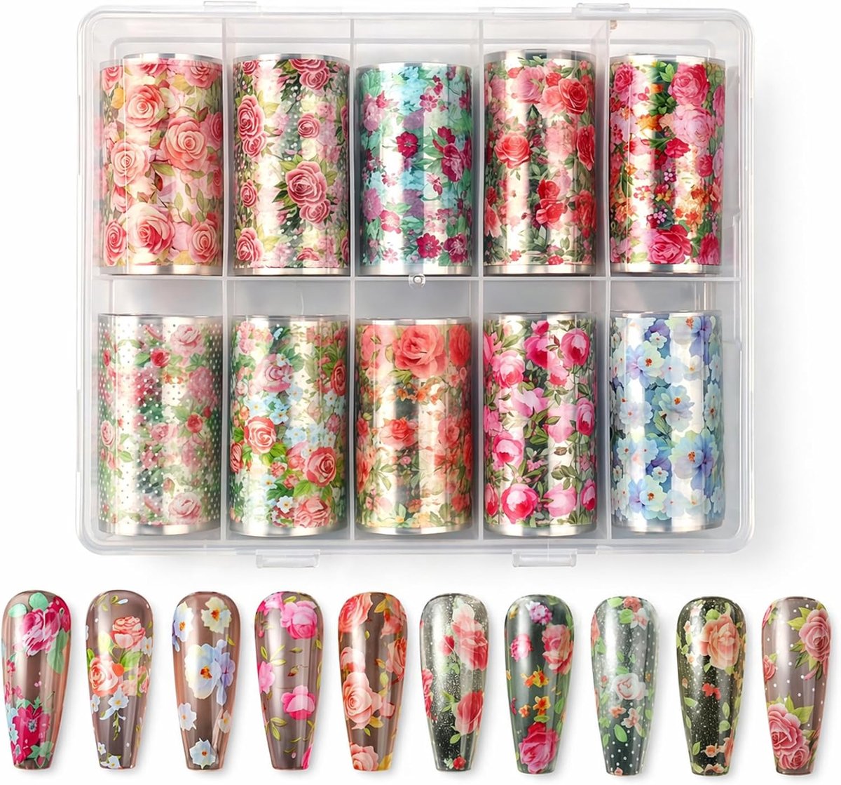 SnelShoppen - 12 Rollen Nagelstickers Nagelkunst Folie, Kleurvolle Bloemen Ontwerpen Voor Nagelontwerp, Perfect Voor UV Gel en Acryl Nagels, DIY Manic