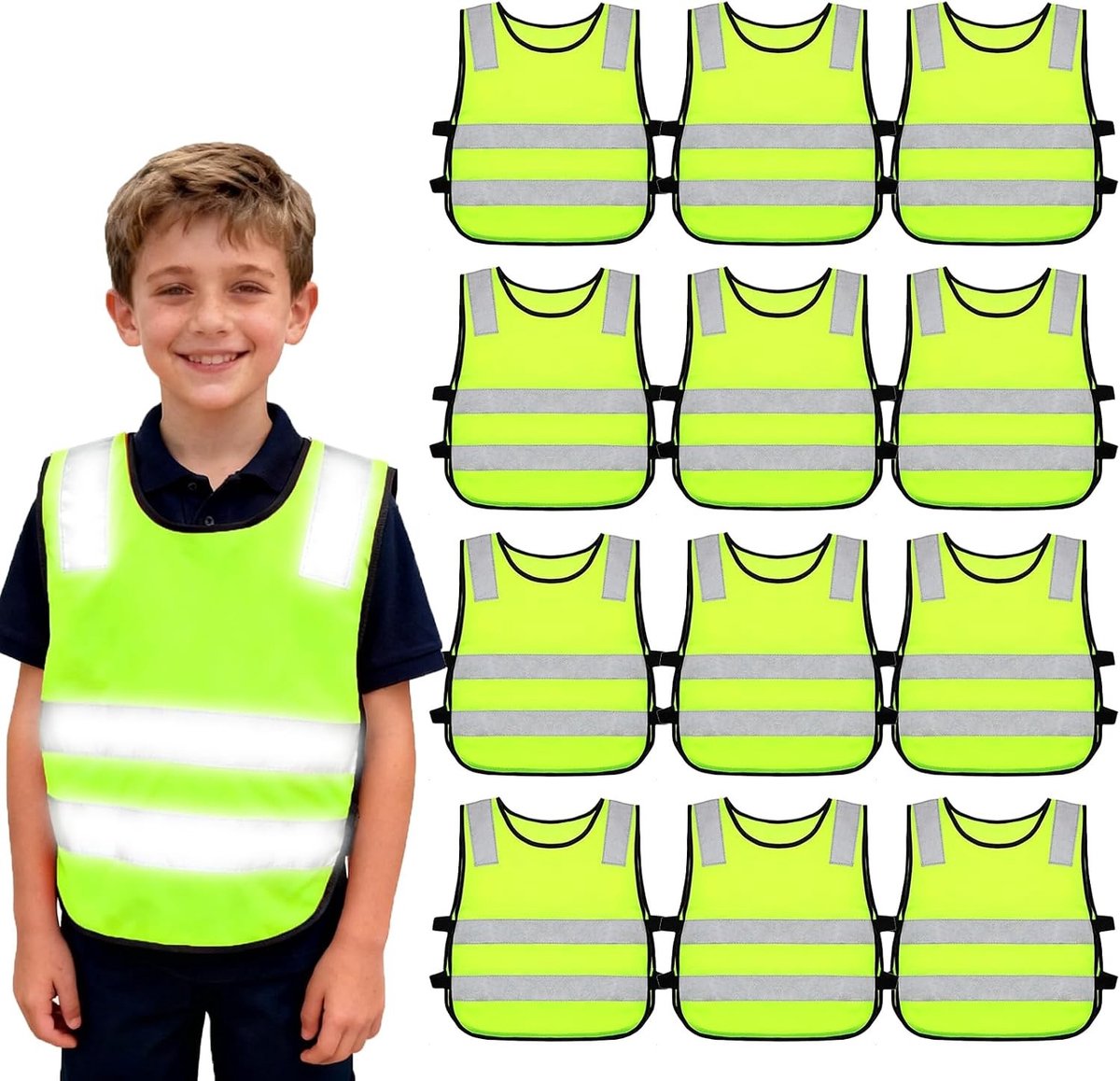 12 Stuks Kindveiligheidsvesten Reflecterend 40x45cm voor Sport, Hardlopen, Fietsen en Schoolactiviteiten in Groen voor Jongens en Meisjes