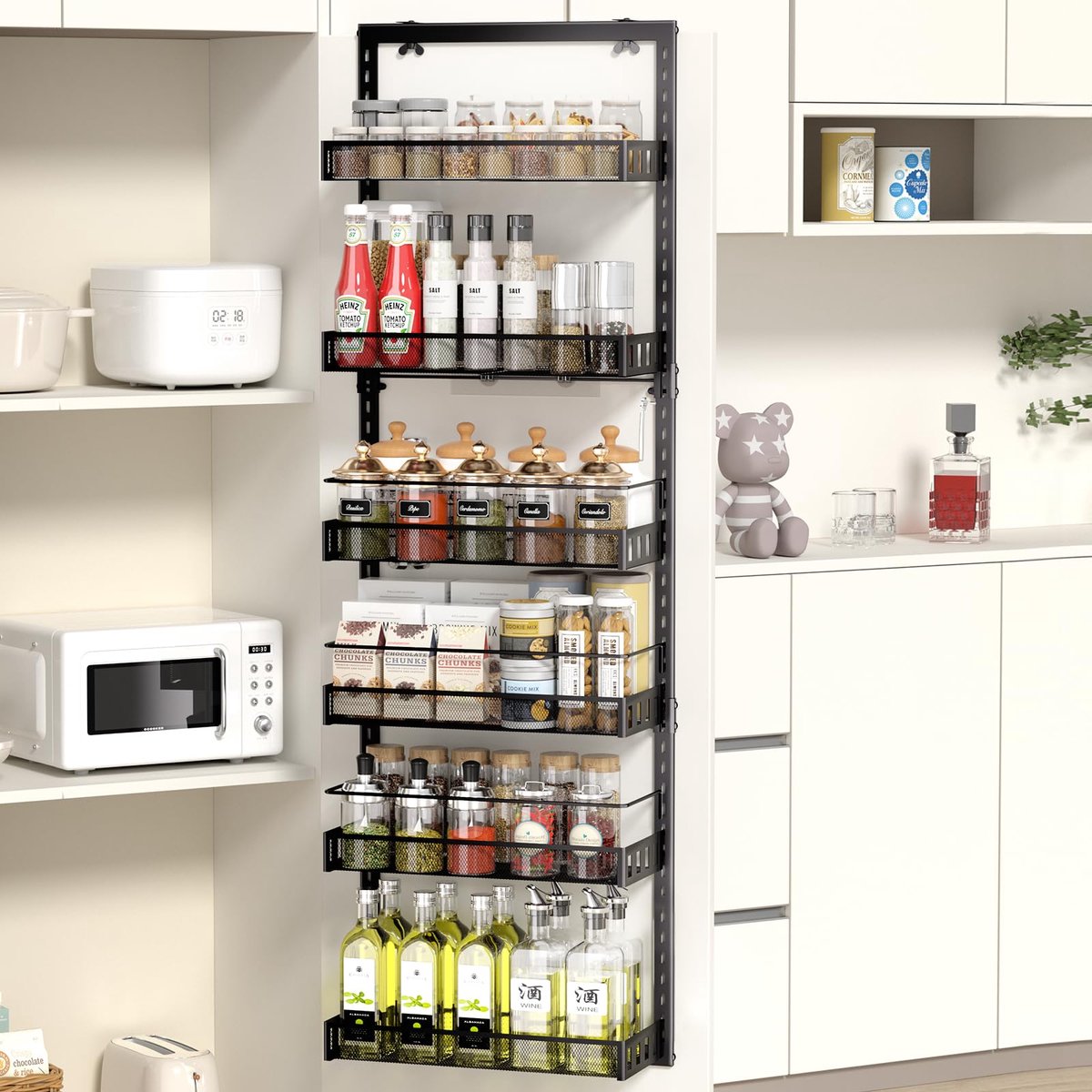 SnelShoppen - Deurrek Met 6 Niveaus, Verstelbaar Voorraadrek, Metalen Deurorganizer, Planken Met Haak Voor Keuken, Badkamer, Zwart, Ideaal Voor Kruide
