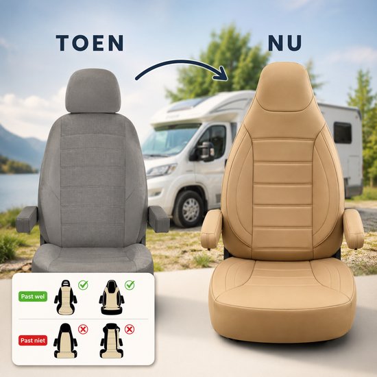 Vergelijking van oude grijze bekleding naar nieuwe luxe beige stoelhoezen voor campers.