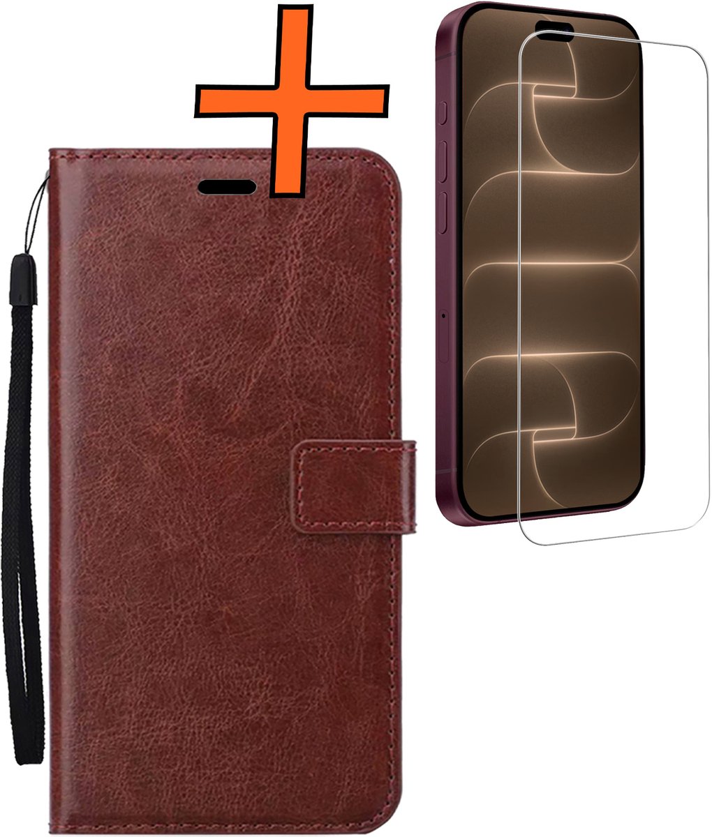 Hoes - Met Screenprotector - Geschikt voor Apple iPhone 18 Pro Max - Luxe Pasjeshouder - Bookcase Portemonee - Flip Case - Kunstleer Book Case - Flipcase - Book Cover - Walletcase - PortemonneeHoes - Bruin