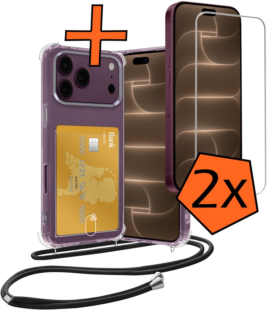 Hoesje Geschikt voor iPhone 18 Pro Max Hoesje Met Telefoonketting Pasjeshouder Shockproof Case Met 2x Screenprotector Koord - Hoesje Geschikt voor iPhone 18 Pro Max Hoes Met Kaarthouder - Transparant