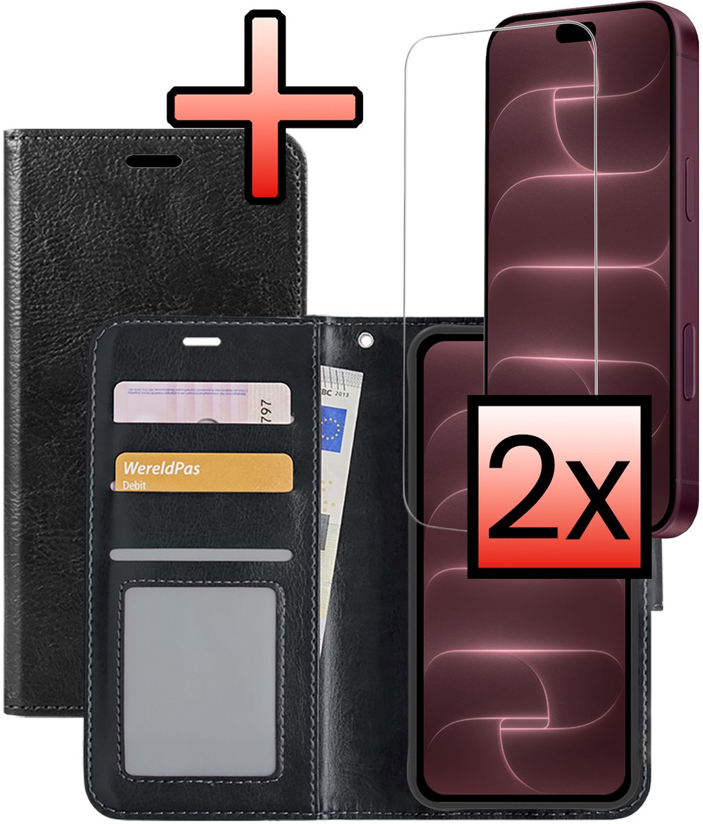 Hoesje - Met 2x Screenprotector - Geschikt voor Apple iPhone 18 Pro Max - Luxe Pasjeshouder - Bookcase Portemonee - Flip Case - Kunstleer Book Case - Flipcase Hoes - Book Cover - Walletcase - Portemonneehoes - Zwart