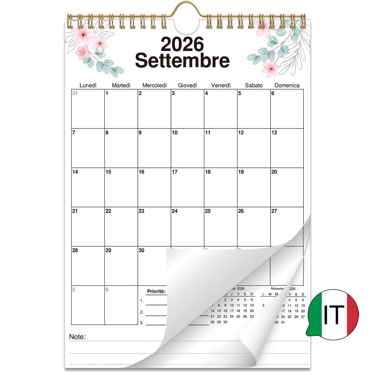 Wandkalender 2026-2027 A4 vanaf september 2026 aquarel bloemen Italiaans - ShopVlot